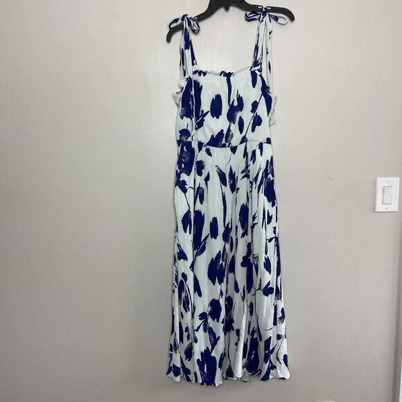 JASON WU Midi Dress Women 6 Blue Floral Tie Strap Blouson Pockets - Picture 2 of 12